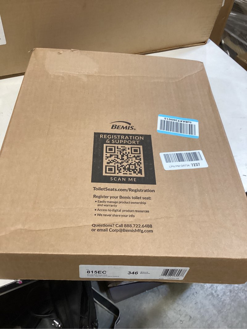 Condition photo showing New/Like New for mayfair padded toilet seat, cushioned soft vinyl over wood core seat, secure hinges, easy clean, made in usa, round, biscuit round biscuit/linen toilet seat