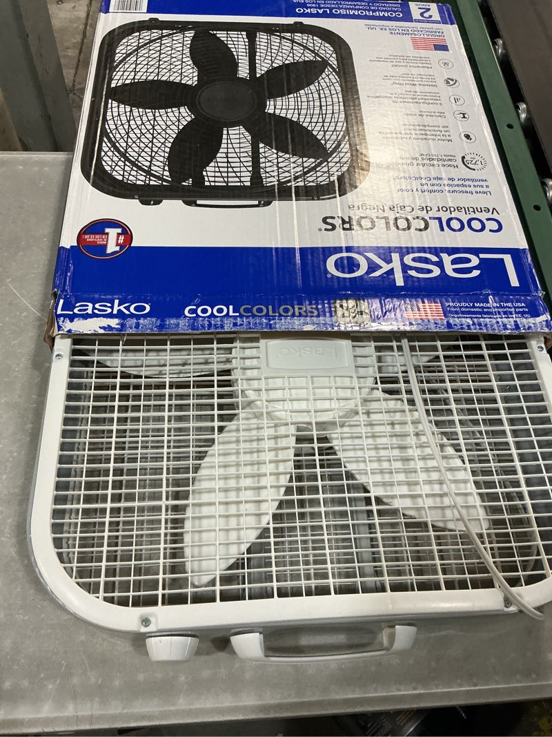 Condition photo showing As Is for lasko cool colors 20\" weather resistant box fan, with 3-speeds, 22\" height, white , b20301, new