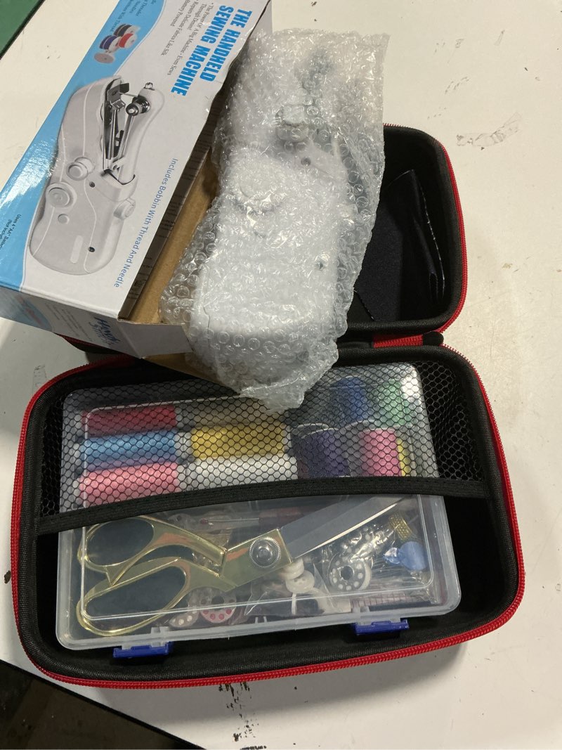 Condition photo showing Good Condition for handheld sewing machine with black storage case and 109-piece sewing kit, mini portable cordless hand sewing machine, ideal for adults & beginners, complete set of quick home clothing repair tools