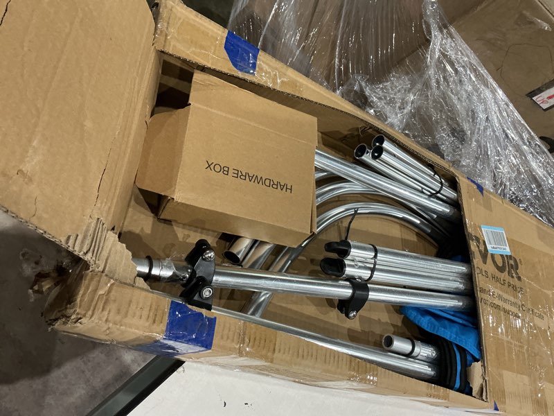 Condition photo showing As Is for vevor 3 bow boat bimini tops, 600d polyester canopy with aluminum alloy frame, waterproof & sun shade boat awning canopy with storage bag, 2 support poles, 4 straps, 6'lx(54"-60")wx46"h, pacific blue