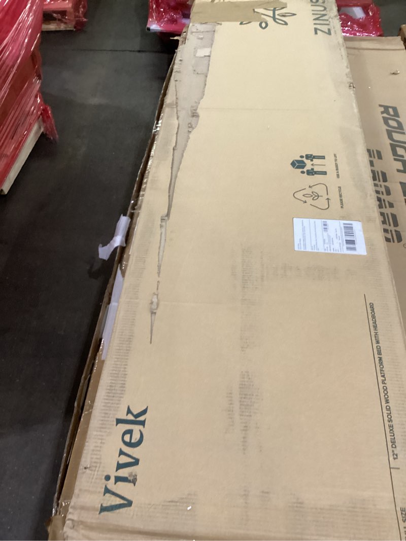 Condition photo showing As Is for zinus vivek deluxe wood platform bed frame with headboard, wood slat support, no box spring needed, easy assembly, full, antique espresso