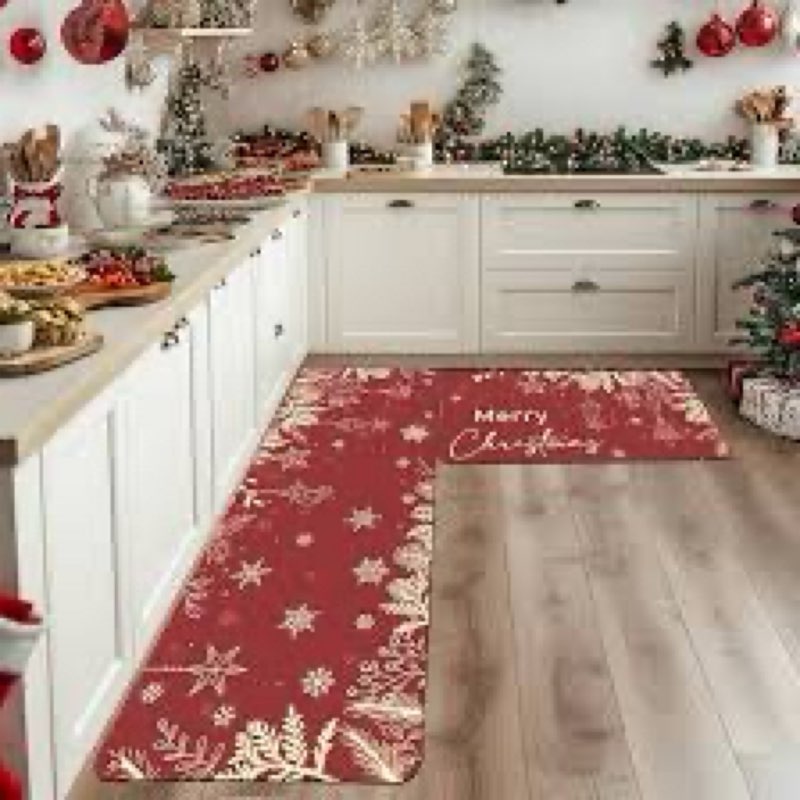 Similar Christmas Kitchen Rugs Sets of 2 Piece, Red Merry Christmas Kitchen Mats for Floor, Xmas Tr