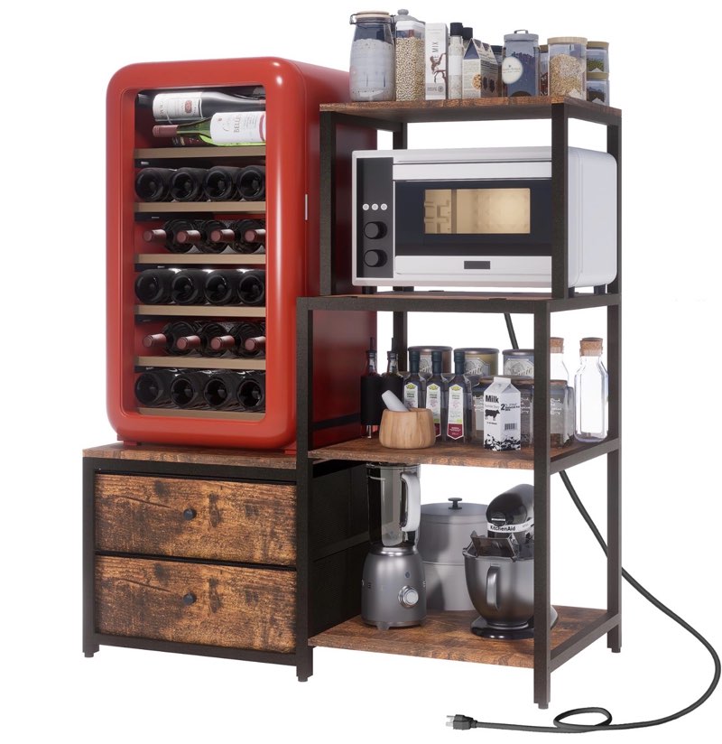 mini fridge stand with storage, microwave and mini fridge stand with power outlet, coffee bar, kitchen baker, for dorm, office(brown)