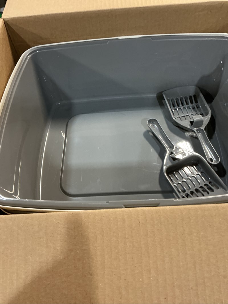 Condition photo showing Good Condition for Amazon Basics Large Cat Litter Box with High Sides, Open Top, Includes Scoop, 19 x 15 x 11.75 inches, Grey/Beige Grey/Beige Open Top