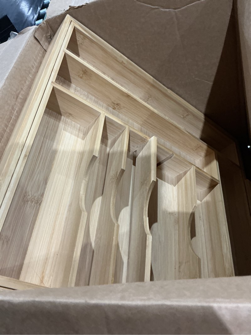 Condition photo showing As Is for umilife large kitchen drawer organizer, 19"x19" silverware utensils organizer, 2.5" high for large deep drawers, bamboo flatware holder with thick frames, sturdy kitchen organization tray 19 x 19 inch (8 slots)