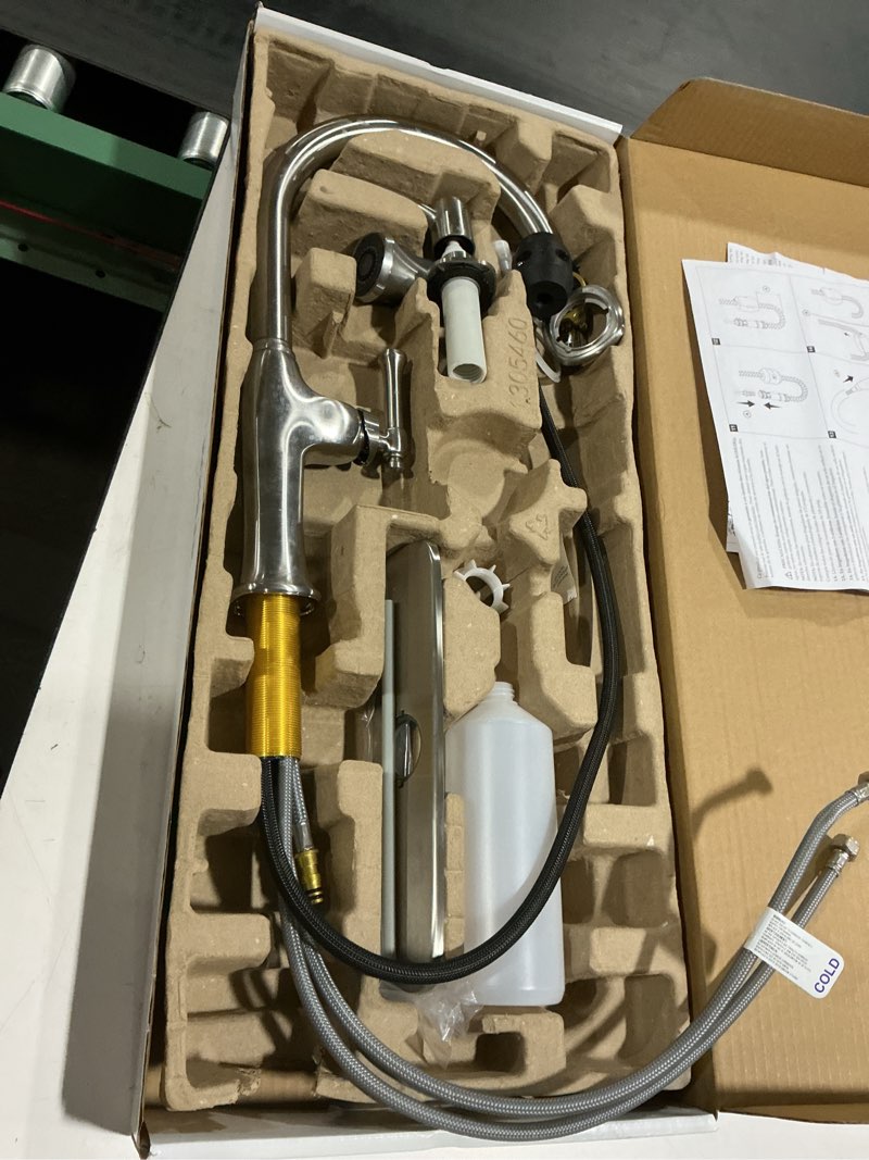 Condition photo showing As Is for KOHLER Kanan Vibrant Stainless Single Handle Deck-mount Pull-down Kitchen Faucet with Sprayer (Includes Deck Plate) (Includes Soap Dispenser)