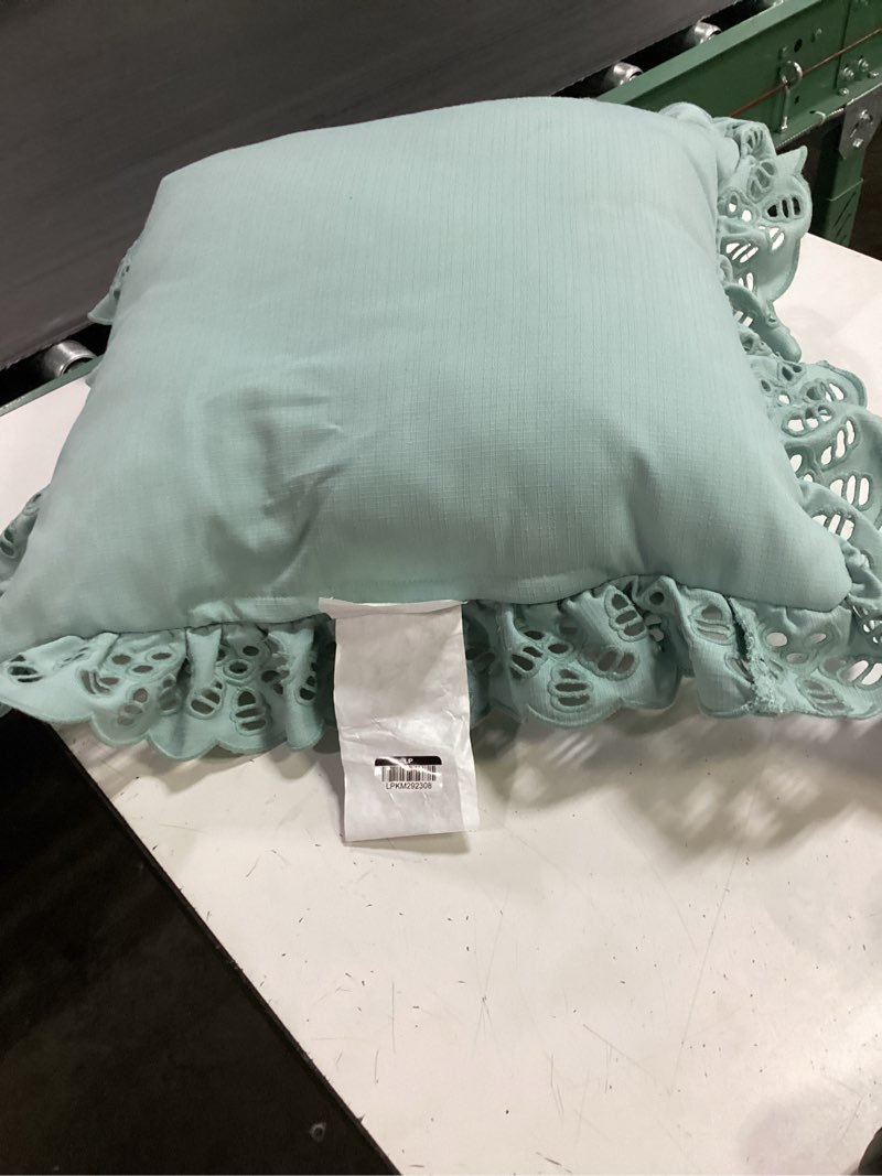 Condition photo showing As Is for 26"x26" eyelet ruffle outdoor throw pillow blue - threshold™ designed with studio mcgee