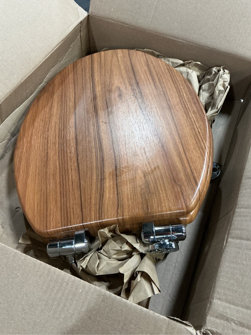 Condition photo showing As Is for Elongated Toilet Seat Molded Wood Toilet Seat with Quietly Close and Quick Release Hinges, Easy to Install also Easy to Clean by Angol Shiold (Elongated, Natural) Soft Close Hinge Natural