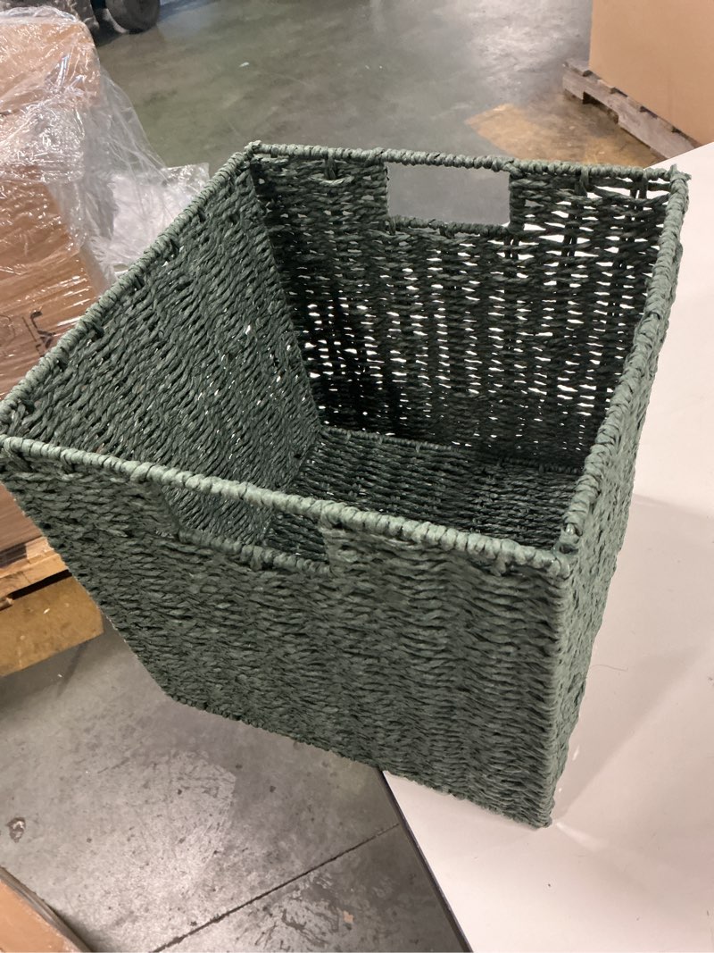 Condition photo showing Good Condition for Vagusicc Wicker Storage Basket, pack of of 8 Hand-Woven Paper Rope Wicker Baskets, Foldable Cube Storage Bins, Square Storage Baskets for Organizing Shelves & Decor, Green (11?×11?×11?) Green 11'' x 11'' x 11''