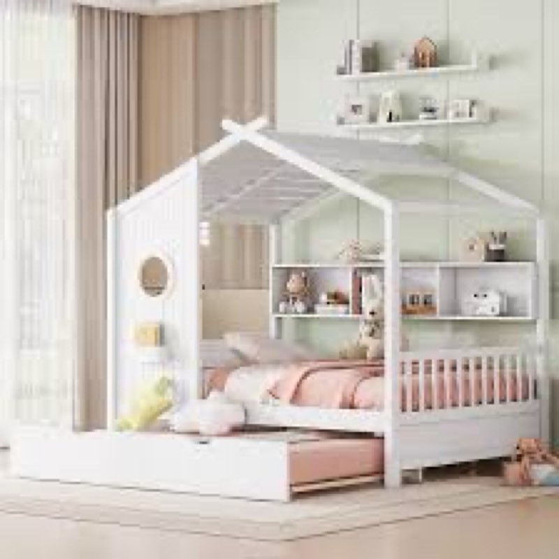 (Incomplete box 1 of 2) Wooden House Bed full with Trundle