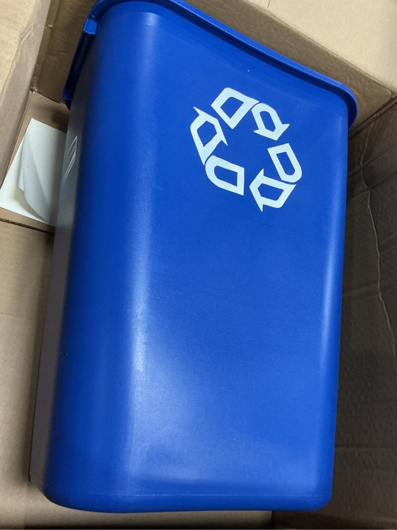 Condition photo showing As Is for Rubbermaid Commercial Products Deskside Recycling Can, 10.25-Gallon/41-Quart, Blue Recycling Symbol, Plastic, for Bedroom/Bathroom/Office/Under Desk/Sink