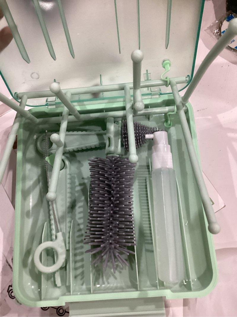 Condition photo showing Good Condition for bottle brush set -baby travel essential-6 in 1 bottle cleaner kit with silicone bottle brush,nipple cleaner brush,straw brush,soap dispenser,storage box,bottle drying rack for home and travel(green)