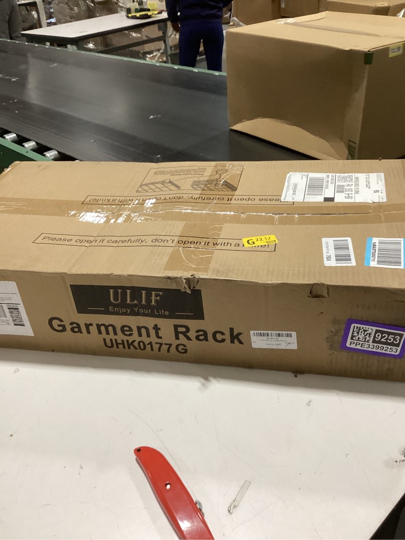 Condition photo showing New/Like New for Ulif E10 Clothes Rack?With Stretchable Hanger Rod?Freestanding Clothing Racks for Hanging Clothes?Adjustable Closet Organizer System?Portable Garment Rack 73-97" W x 15" D x 72" H?Max Load 800LBS?Grey