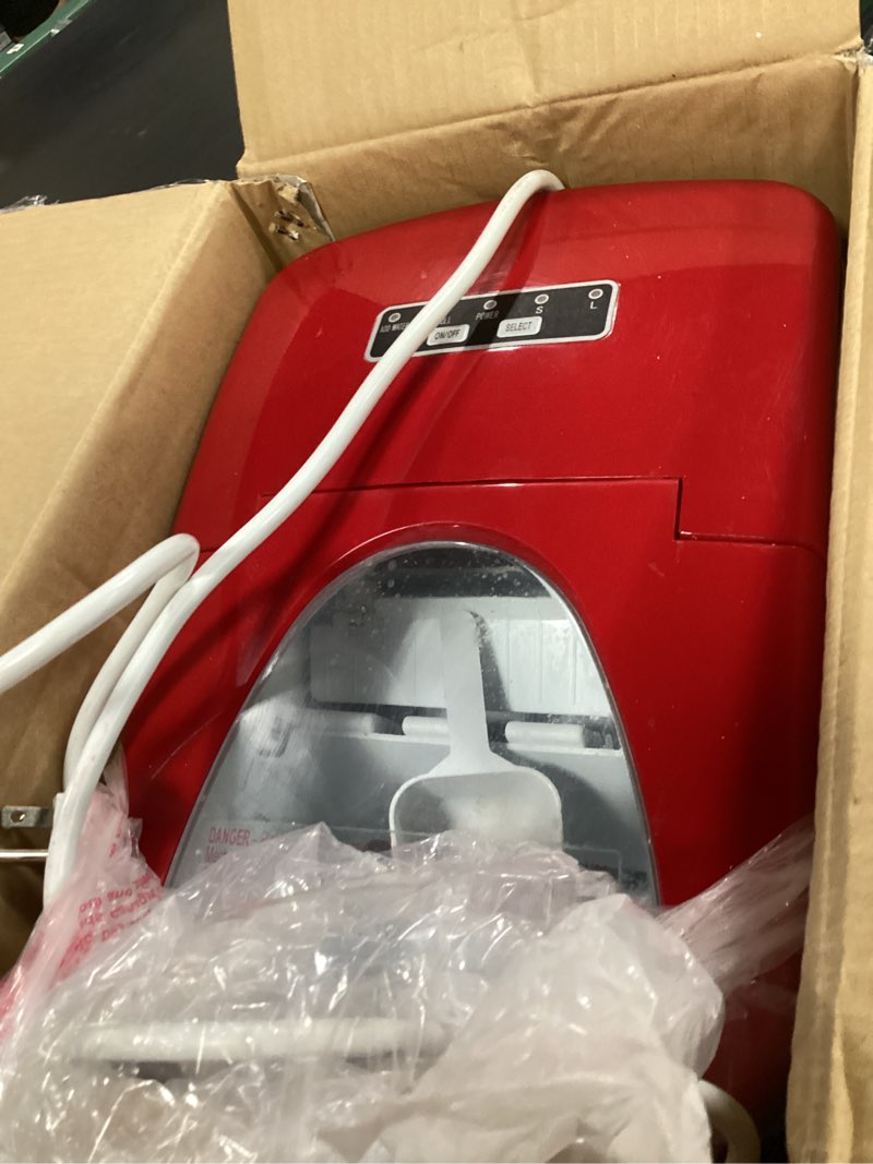 Condition photo showing As Is for frigidaire efic108 counter top portable, 26 lb per day compact ice maker machine red