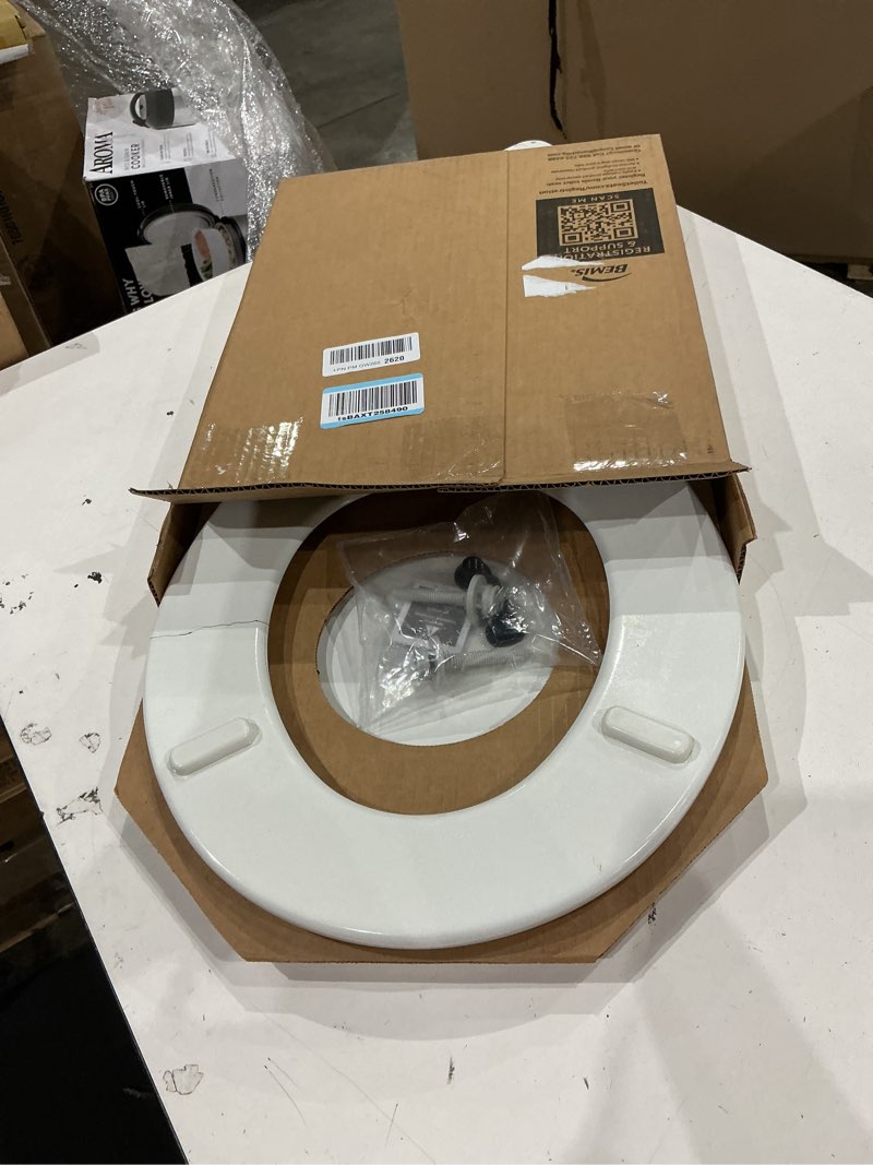 Condition photo showing As Is for bemis 500ec durable wood toilet seat with easy clean hinges, made in usa, round, white