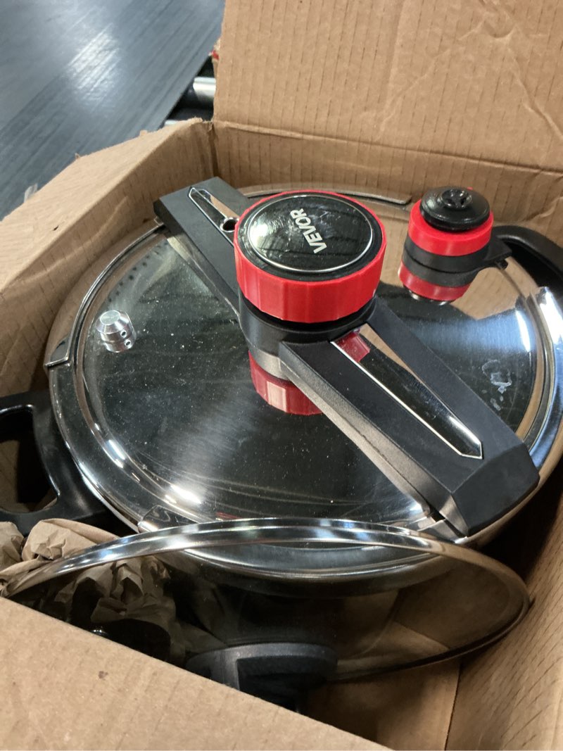 Condition photo showing As Is for vevor pressure cooker, 12qt pressure cooker stainless steel, pressures canner with steaming rack, tempered glass lid, 3 pressures settings for meat, beans, rice, soup, sauces, cook up to 100 kpa 12 quarts