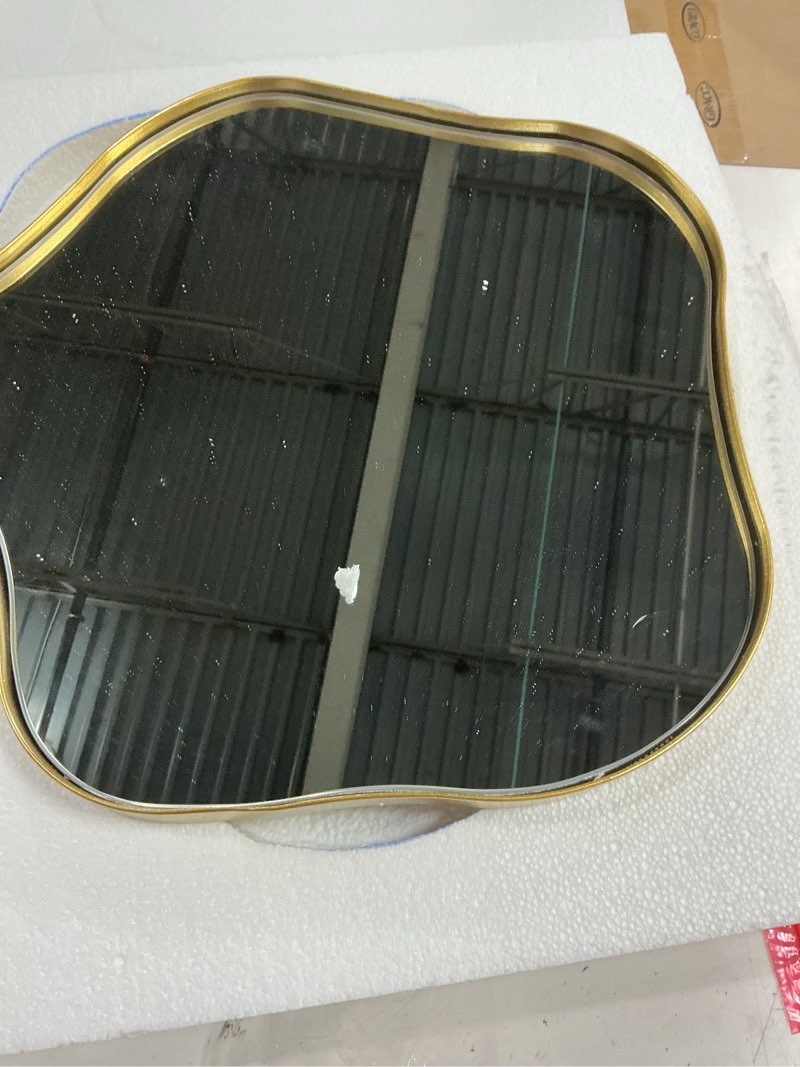 Condition photo showing Good Condition for scalloped irregular mirror, 16" asymmetrical art deco wall mirror with gold metal frame, wavy decorative accent mirrors for entryway bedroom living room, horizontal or vertical hanging gold 16"l x 16"w
