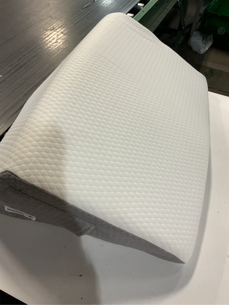 Condition photo showing As Is for bedluxe knee pillow for back sleeping, leg pillow knee wedge pillow, memory foam wedge pillows for legs post surgery, triangle pillow for knee support, leg elevation, knees hip back pain relief, white 23.6*18.9*7.9 inch white/grey