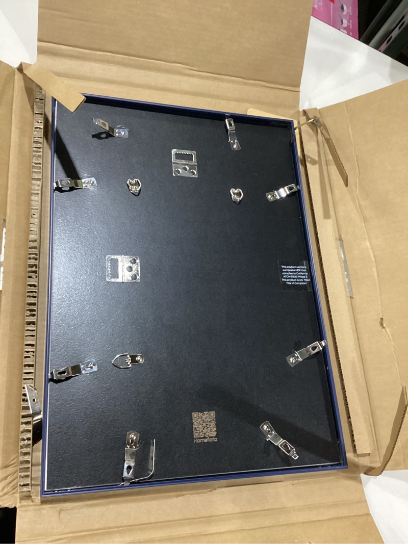 Condition photo showing New/Like New for Homeforia 12x17 Picture Frame Navy Blue, High End Metal 12x17 Poster Frames with Mat 10x15 Photo, 12 x 17 Navy Blue Frame Matted to 10 by 15 Print, 17x12 Thin Frame, Tempered Glass, Wall Kit, Set of 1