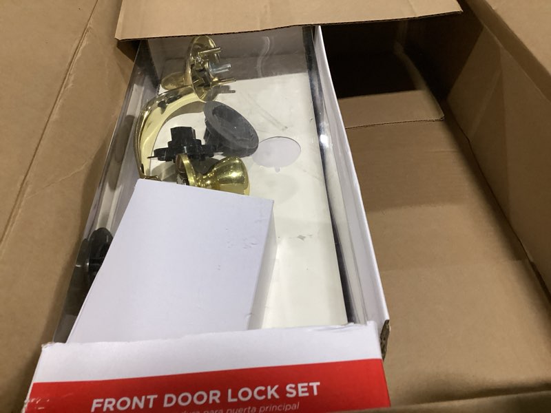 Condition photo showing As Is for Kwikset Dakota Front Door Lock Handle and Deadbolt Set, Entry Handleset Exterior with Interior Door Knob, Polished Brass, Pick Resistant SmartKey Rekey Deadbolt Security Polished Brass With Interior Pack