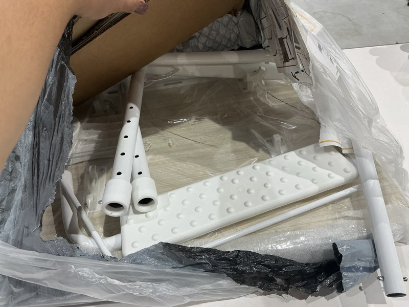 Condition photo showing As Is for foldwise upgraded folding tv tray table - extra large & sturdy laptop table for couch, height & angle adjustable desk for dinner, work & tv - includes footrest, cup holder, ipad holder & edge stopper (white) - bright wood