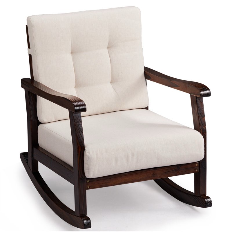 (Incomplete, only the cushions) Carbonised Coloured Fir Wooden Rocking Chair With Removable Beige Cushion