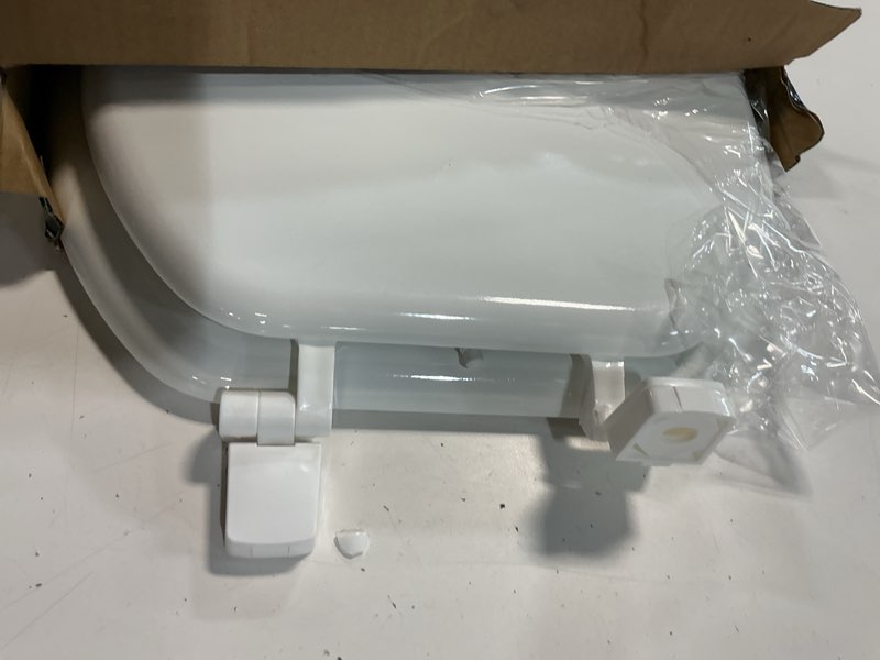 Condition photo showing As Is for elongated toilet seat, slow close, durable pp, easy clean hinge, universal fit,