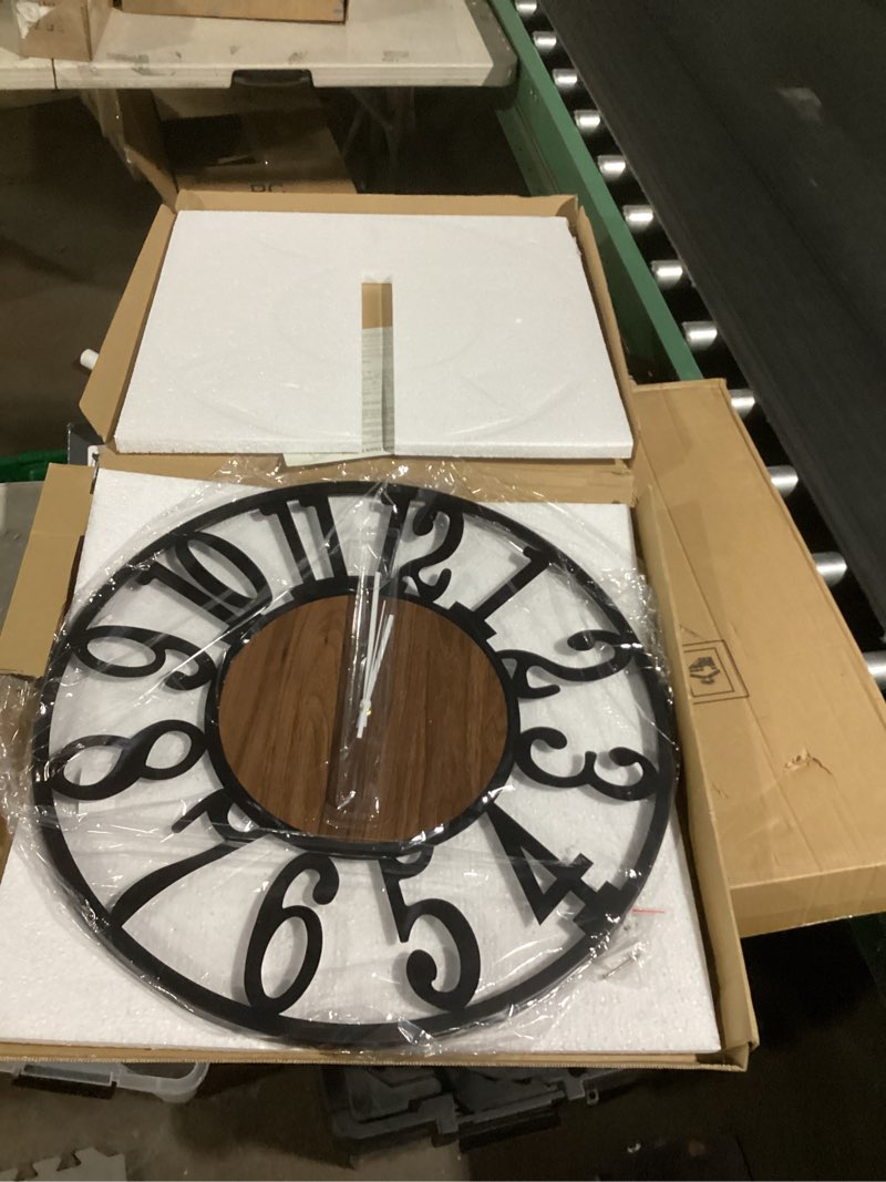 Condition photo showing Good Condition for Maxstar Large Round Wall Clock for Living Room Decor Battery Operated Non Ticking Black Metal Wood Clocks for Home Living Room Garden Farmhouse Office Kitchen Decoration -24 inch Black-arabic Numerals 24 Inch