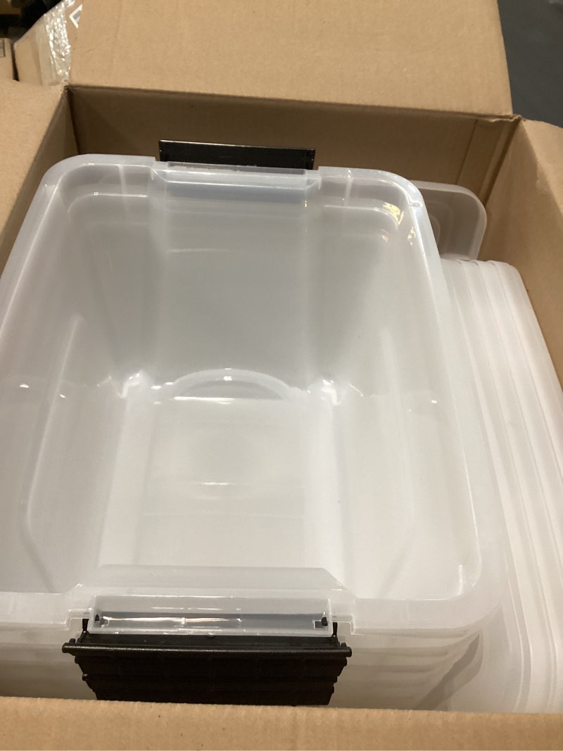 Condition photo showing As Is for (Similar)IRIS USA 6-Pack 54 Quart Stackable Storage Bins with Lids [Made in USA] - Everyday Organizer Latching Clear Plastic Organization Containers Closet Bedroom Shelving Units Home Storage - Clear/White Clear 54 Qt CLR 6 Pack