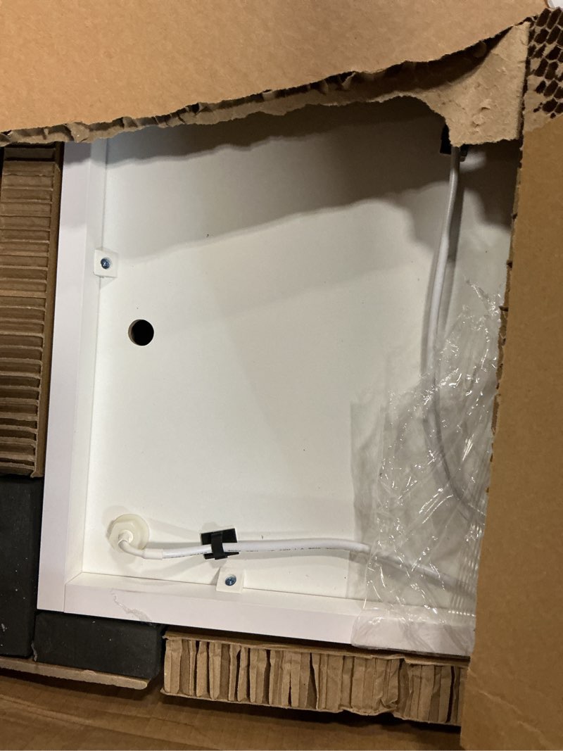 Condition photo showing As Is for 28x20 LED Lighted Bathroom Medicine Mirror Cabinet with Sockets & USBs, Anti-Fog Dimmable Light and Color Adjustment, Easy to Install, Moisture-Resistant Wood, Adjustable Shelves White W20 x H28 1door