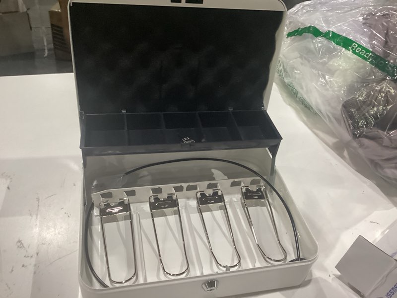 Condition photo showing New/Like New for jssmst large locking cash box with money tray, metal money box with combination lock, white