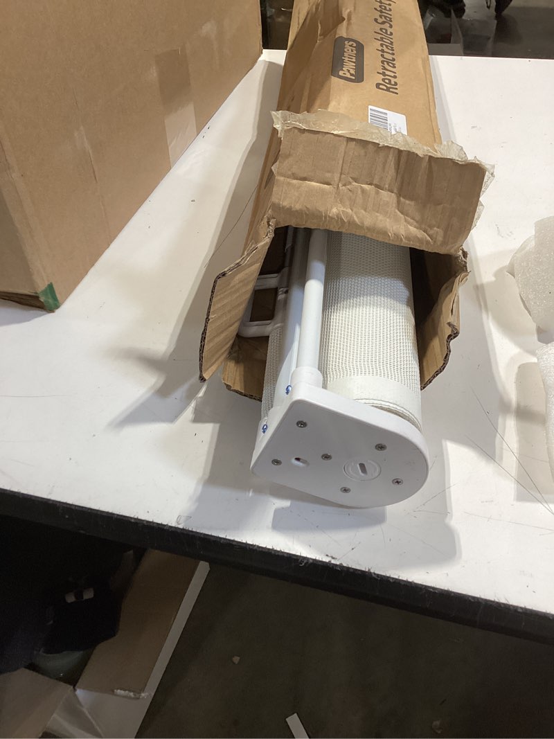 Condition photo showing As Is for pawtners retractable baby gates extra wide, 41" tall extends up to 120" wide, dog gate indoor for stairs, pet gate with support rods for doorways hallways indoor & outdoor-white white 41" tall x 120" wide
