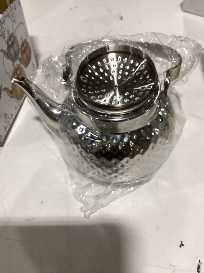 Condition photo showing New/Like New for hammered tea kettle, stainless steel tea/coffee pot loose leaf teapot for tea, milk, coffee, 1.2l teapot with strainer stovetop tea kettle, outdoor travel supplies, gift for tea (silver) silver-1.2l
