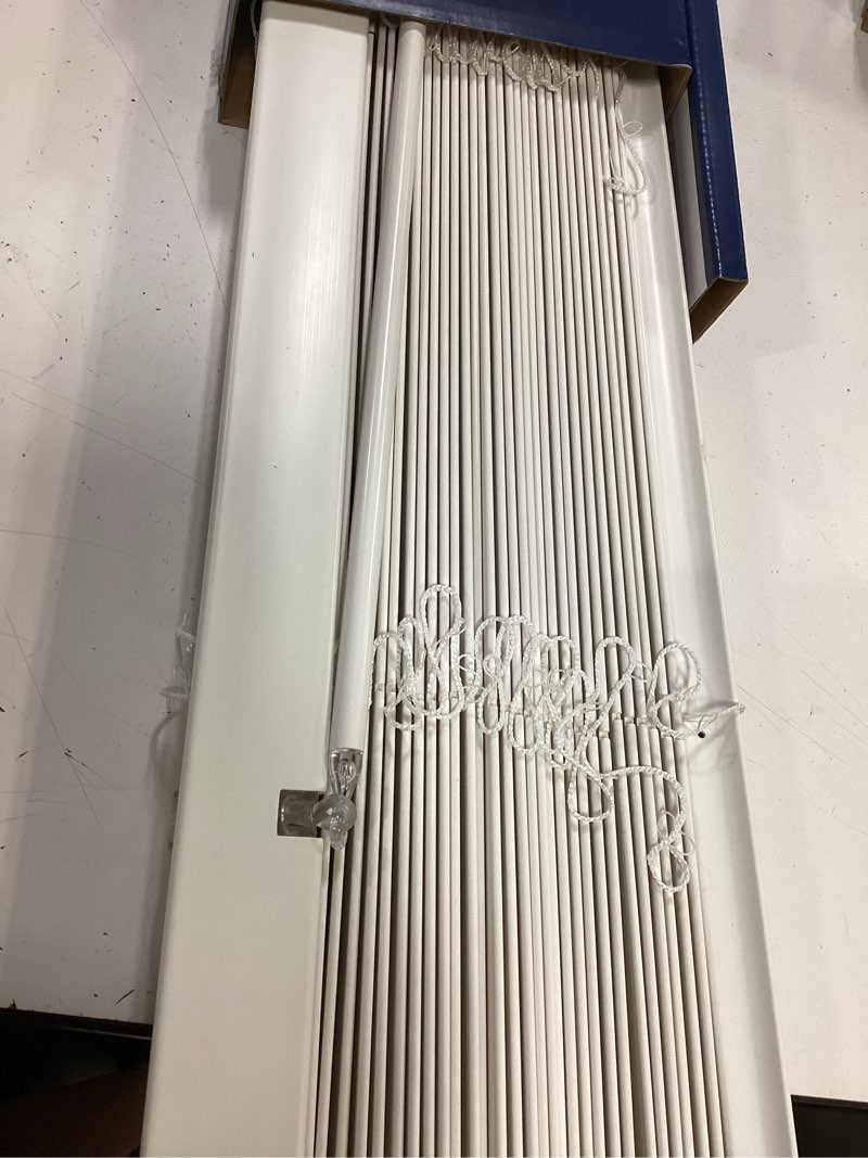 Condition photo showing As Is for levolor trim+go 2-in slat width 34-in x 64-in cordless white faux wood room darkening horizontal blinds