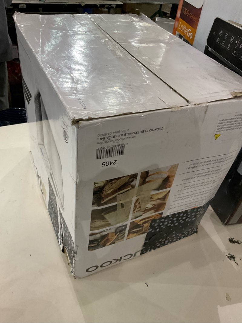 Condition photo showing As Is for CUCKOO Bread Maker Machine with 15 Menu Options + 3 Crust Colors, 2 lbs Bread Machine with Automatic Fruit & Nut Dispenser, Includes 6 Accessories, Ideal Breadmaker for Sourdough (CBM-AAB101S)