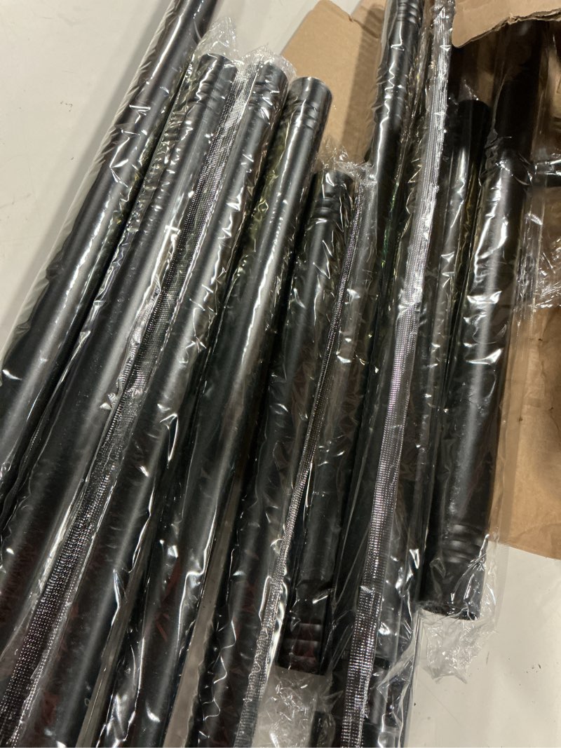Condition photo showing As Is for black curtain rods for windows 66 to 120 inch, heavy duty long curtain rod adjustable, 1 inch metal drapery rods with end cap finials, modern drapery rods for sliding door, bedroom, living room