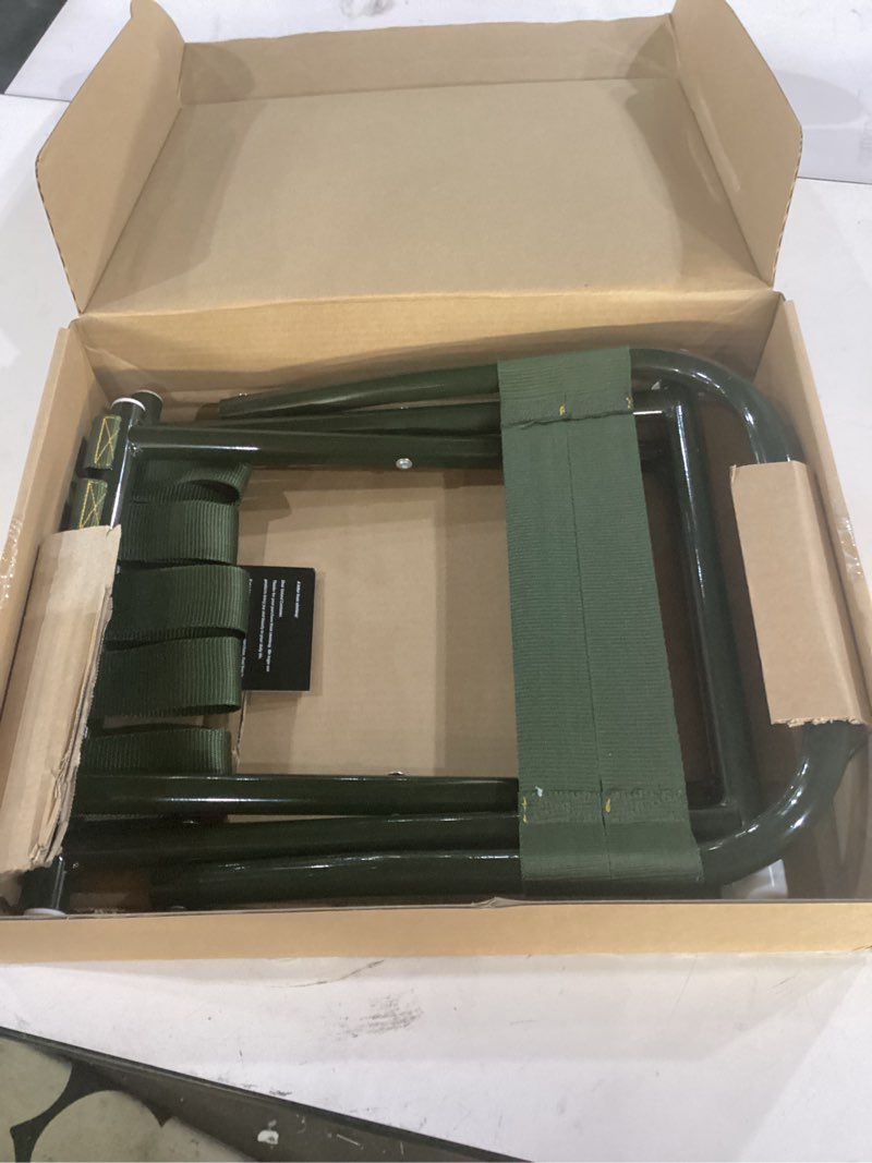 Condition photo showing Good Condition for portable camping chair, full steel frame folding stool with back, 400lbs capacity military green outdoor chair for adults, heavy-duty webbing seat, compact foldable design for hunting, fishing, hiking