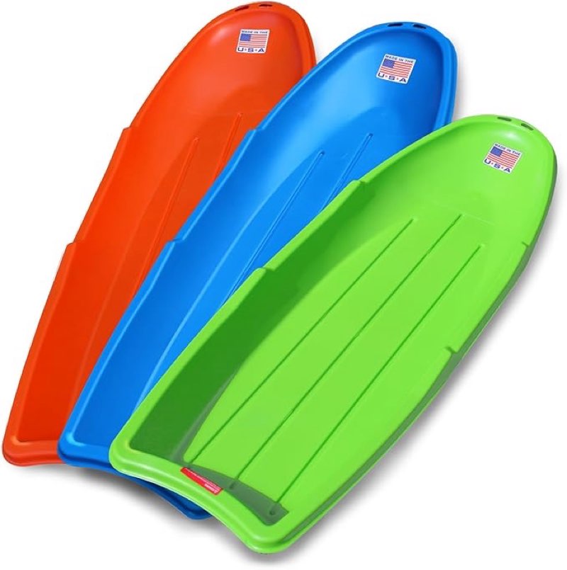 flexible flyer winter lightning snow sleds for kids and adults (3-pack) - 48 inch toboggan style plastic sled with hard bottom for fast, smooth rides - 1 or 2 riders (blue, green, orange)