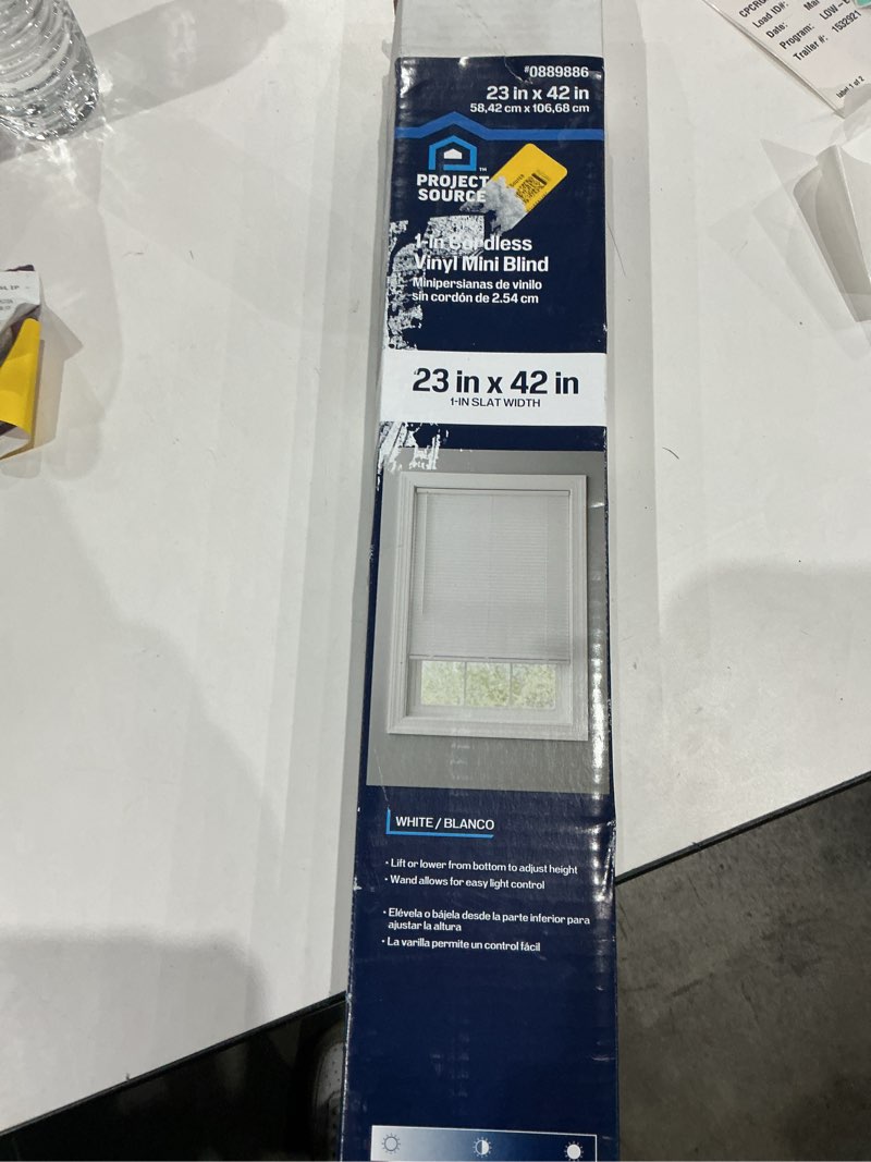 project source cordless vinyl mini blind measuring 23 inches by 42 inches in