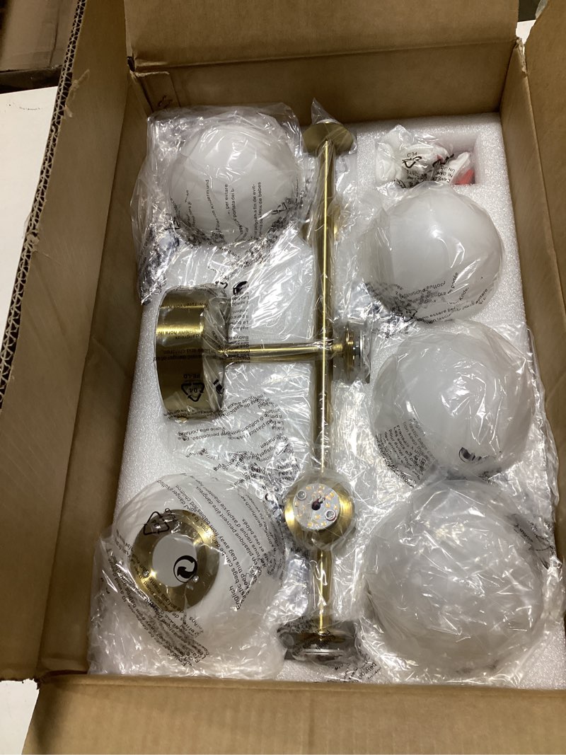 Condition photo showing Good Condition for HONIEGG Bathroom Light Fixtures, Brushed Gold Bathroom Vanity Light Over Mirror with Milk White Glass Shades, Dimmable LED Wall Sconces for Hallway, Entryway, Living Room, Bedside, Staircase Milk Glass