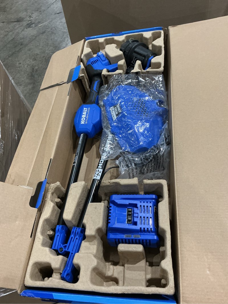 Condition photo showing As Is for kobalt quiet tech 24-volt 15-in straight shaft battery string trimmer 4 ah (battery included) (charger included)