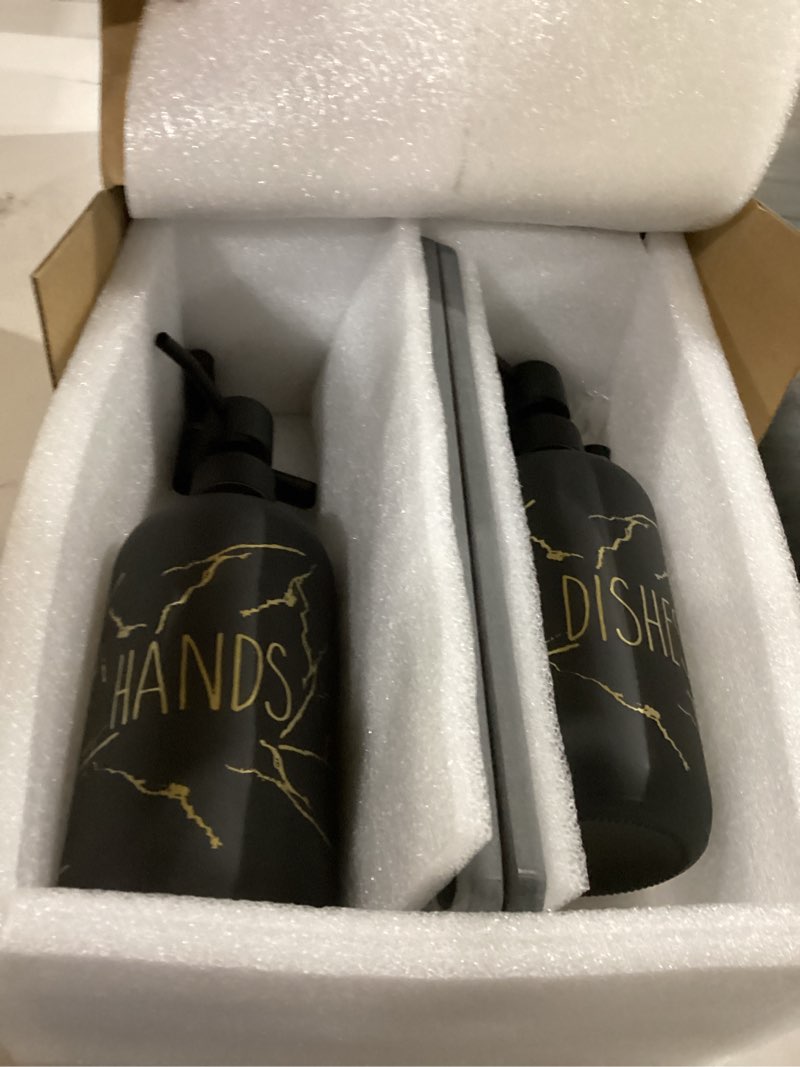 Condition photo showing Good Condition for kitchen soap dispenser set, 16oz hand and dish soap dispenser set with 2 instant dry trays, stainless steel pump, refillable glass bottle for kitchen and bathroom countertop (black)