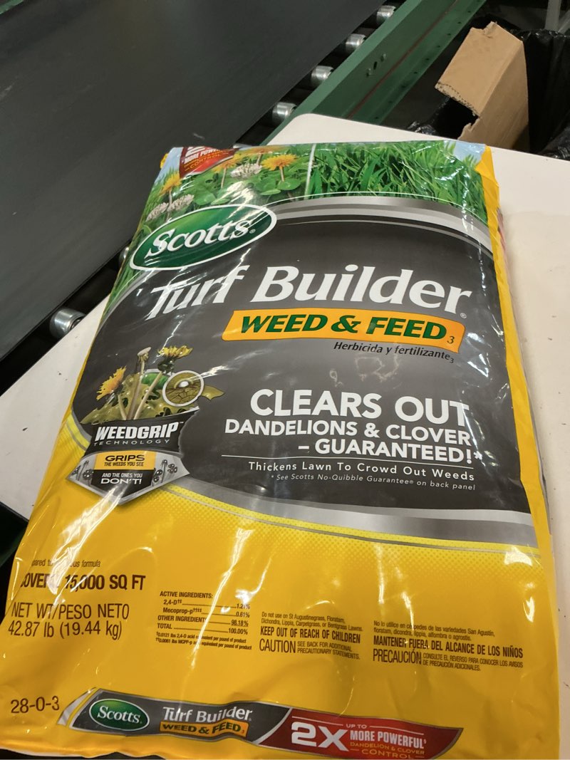 Condition photo showing New/Like New for scotts turf builder weed and feed3 - weed killer plus lawn fertilizer, controls dandelion and clover, grass fertilizer for up to 15,000 sq. ft., 42.87 lbs.