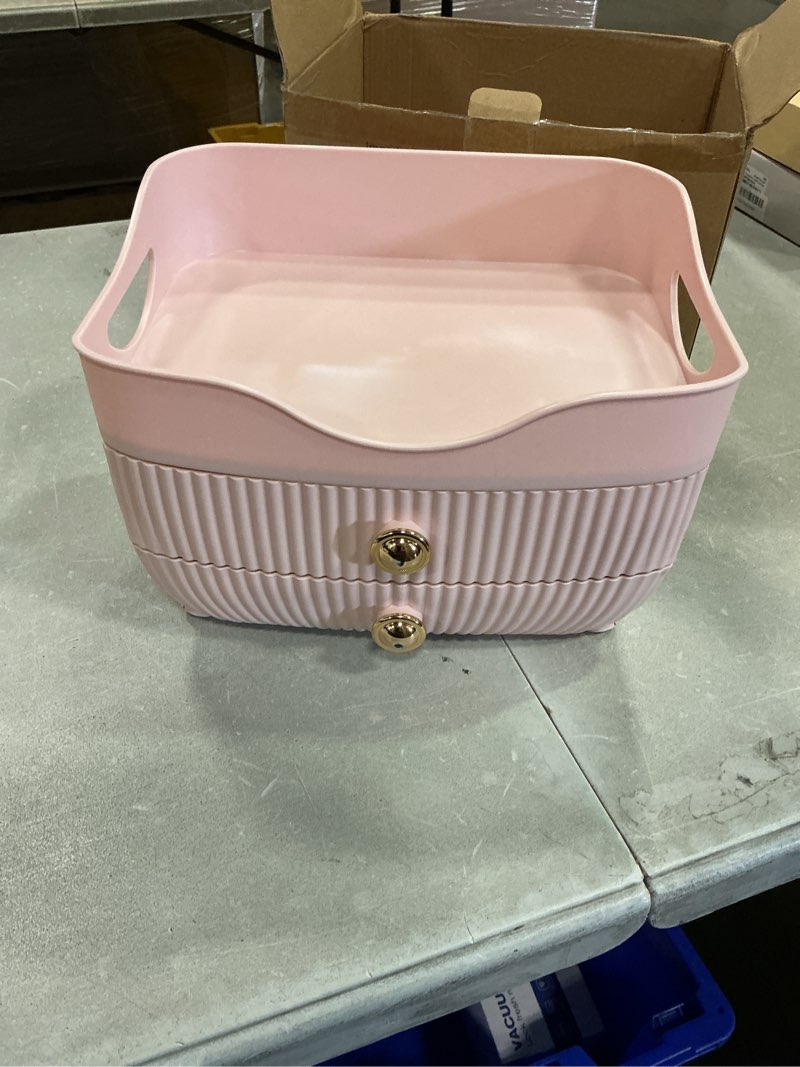 Condition photo showing Good Condition for makeup organizer countertop, large capacity skincare cosmetic organizer for vanity with 2 drawers, cosmetic display cases makeup storage box for bedroom, bathroom, ideal gifts for women(pink)