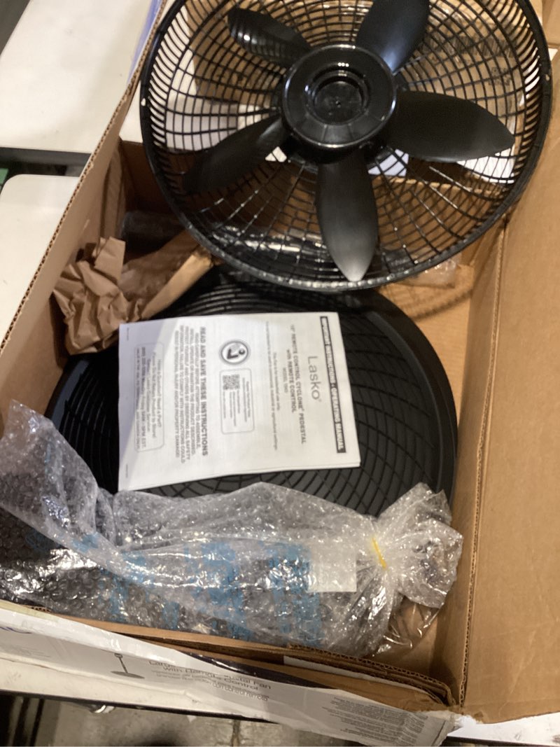 Condition photo showing As Is for lasko oscillating cyclone pedestal fan, adjustable height, timer, remote control, 3 speeds, for bedroom, living room, home office, 18", black, 1843