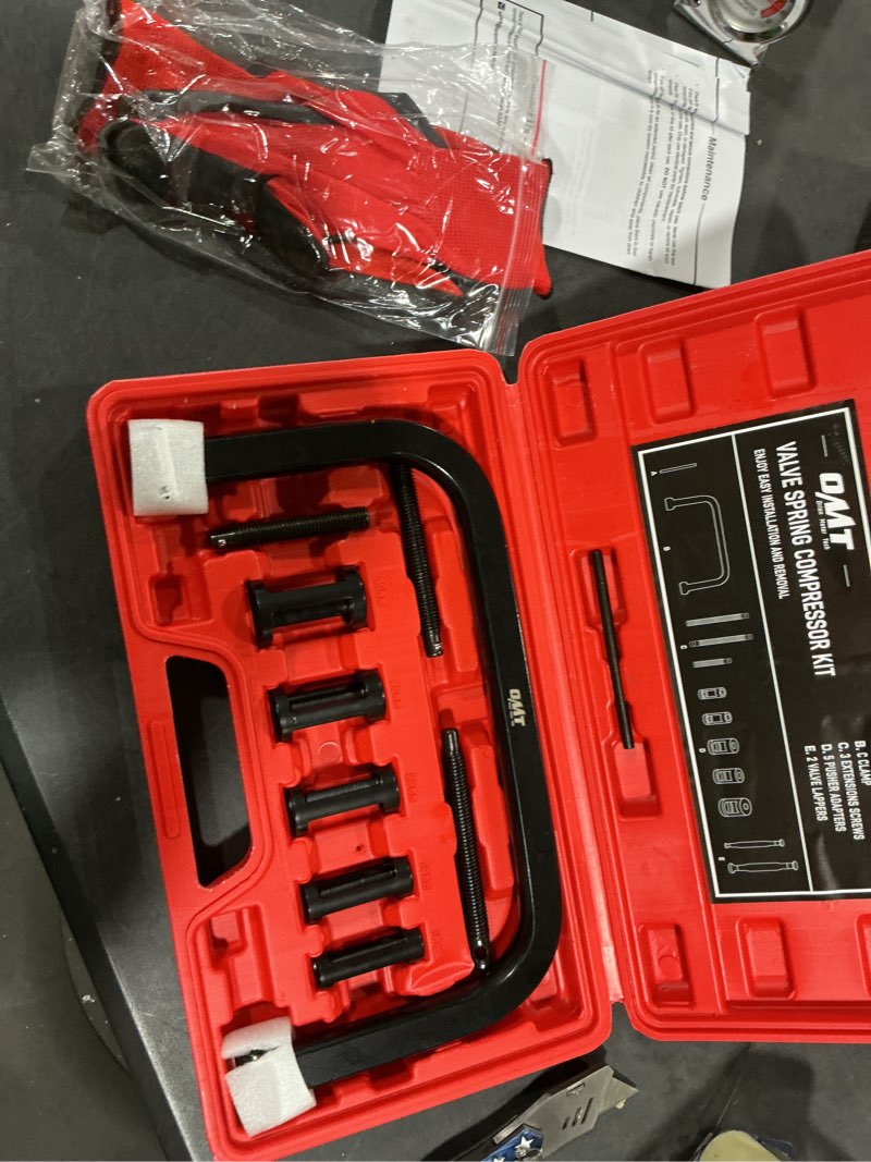 Condition photo showing Good Condition for Orion Motor Tech Valve Spring Compressor, 10pcs Valve Spring Removal Tool with Solid C Clamp, 5pcs Collet Pusher Adapters for Motorcycle, ATV, Car, Small Engine Vehicle Equipment red
