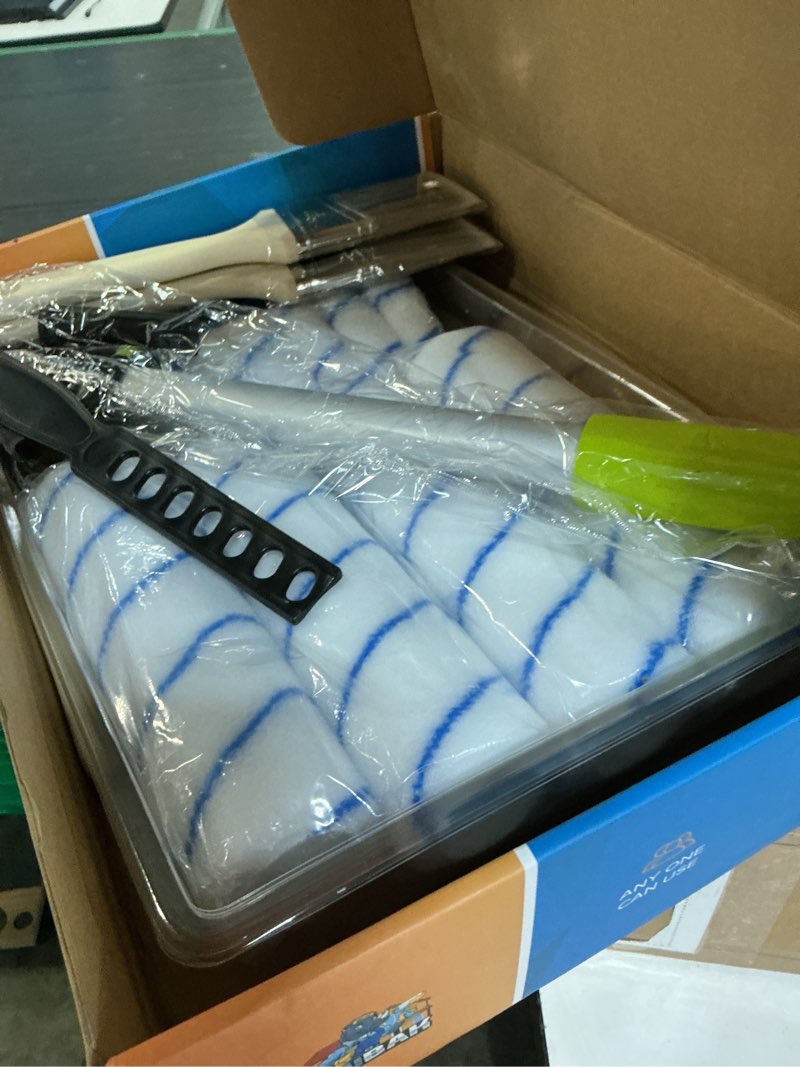 Condition photo showing New/Like New for paint roller kit with extension pole, 27 piece set, 2 to 4 ft pole, 4"9" paint rollers, paint brushes set for professional painting,house paint roller for all latex and oil paints & stains