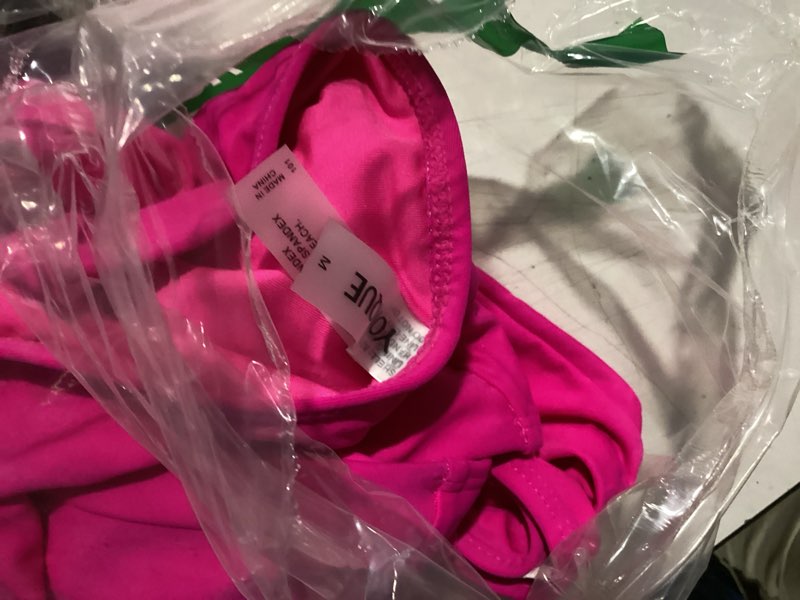 Condition photo showing Good Condition for two piece twist front swimsuit criss cross bikini set | mid rise; full lining; adjust shoulder bands to fit right; padded inserts for custom shape medium hot pink