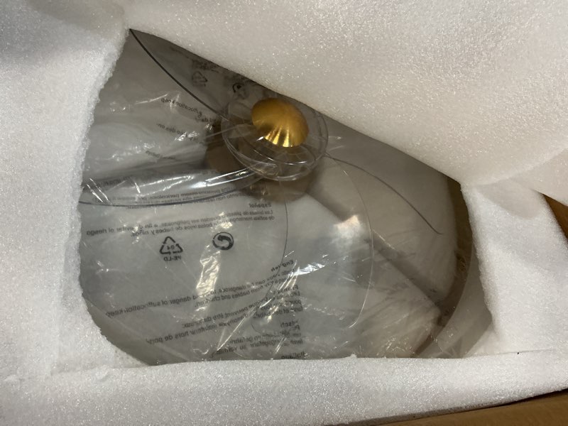 Condition photo showing New/Like New for 19.7 in. indoor modern gold low profile flush mount ceiling fan with integrated dimmable led and remote included