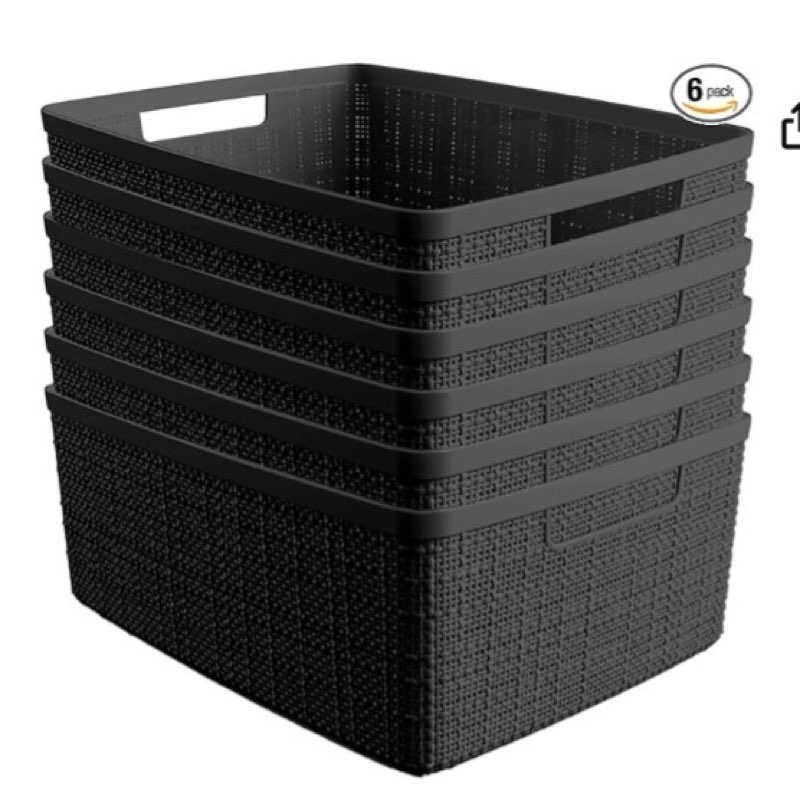 curver set of 6 medium 12l jute decorative plastic organization and storage baskets - perfect bins for home office, closet shelves, kitchen pantry and all bedroom essentials, black